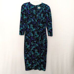 TARETI Howard Levi, Blue & Teal Floral Midi Wrap Dress Sheath; Size S